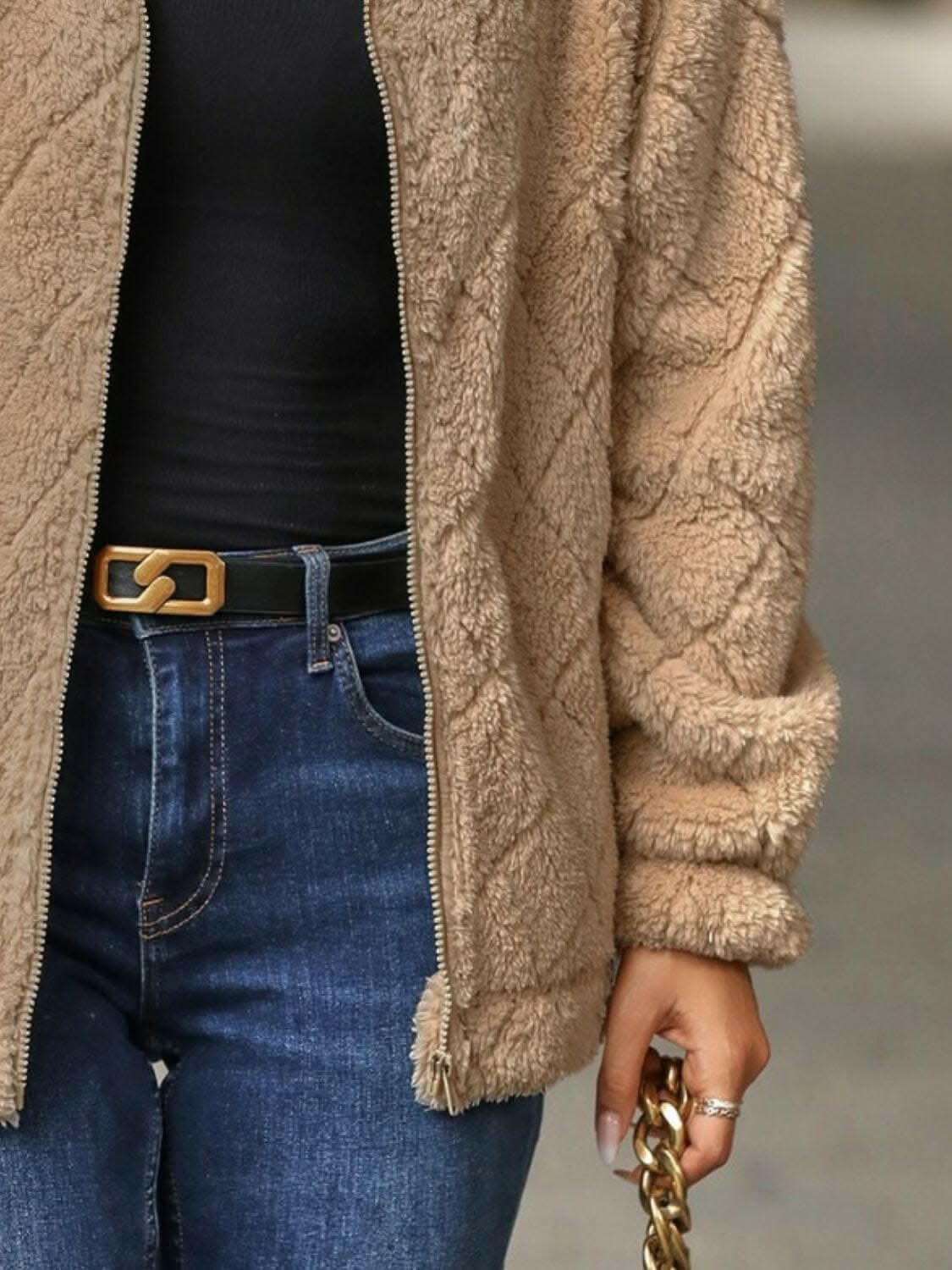Fuzzy zip-up jacket with pockets - Love Salve